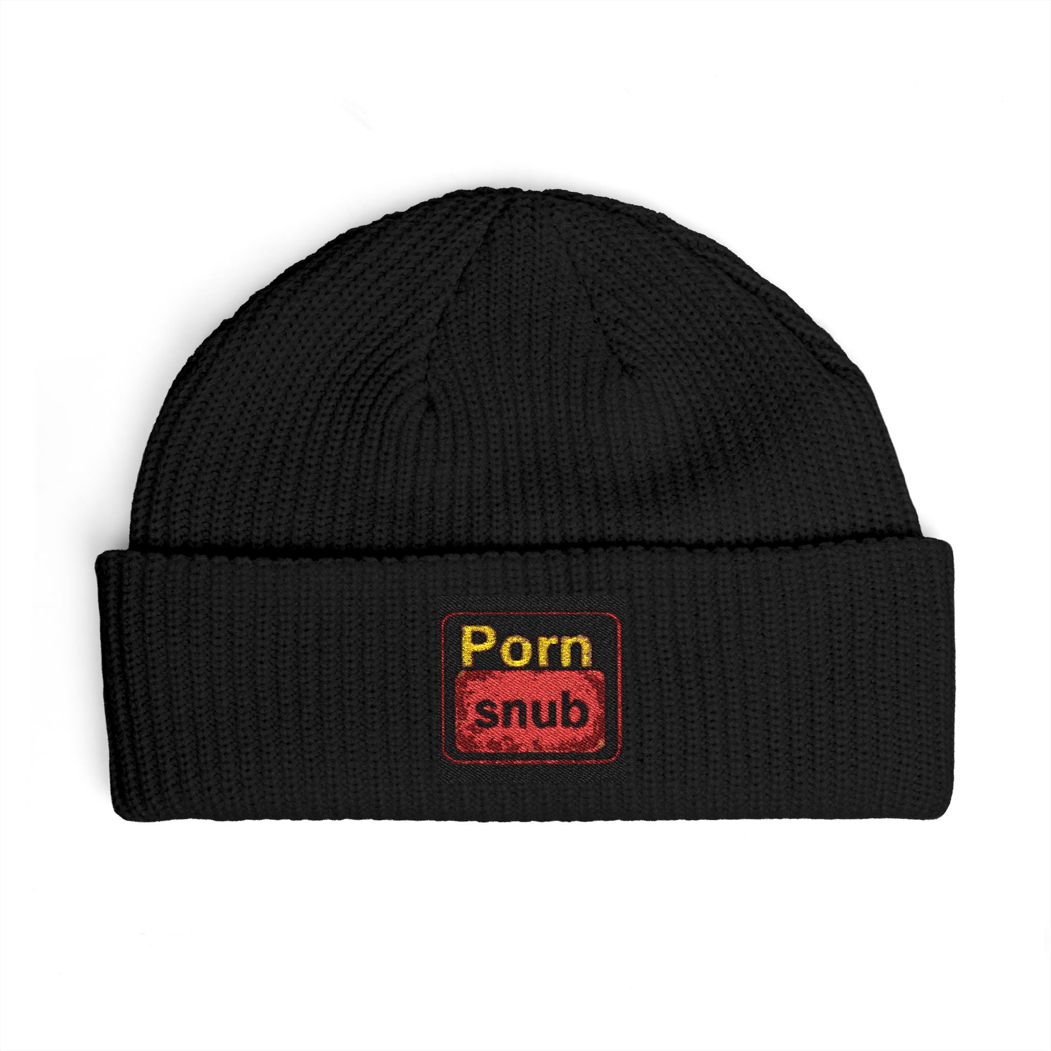 Cuff Beanie — 'Porn Snub' Embroidered Patch Beanie (Streetwear, Edgy Statement Hat)